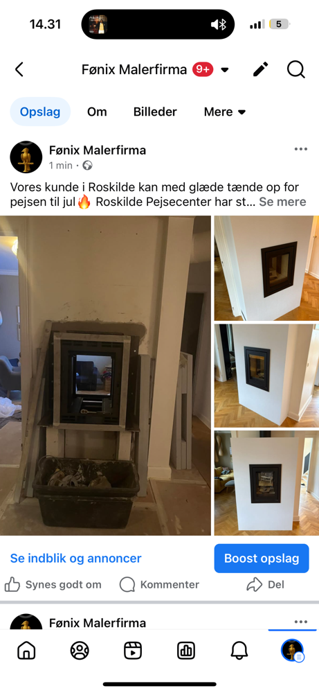 Indmuret pejs som der er blevet spartlet, fået opsat forgrundet filt samt fuget. Kunden malede selv