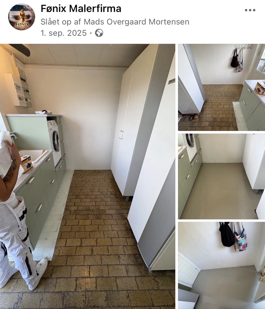 Vild forskel fra 70er fliser til helt frisk malet Epoxy maling på bryggers gulvet som har moderniseret rummet. 